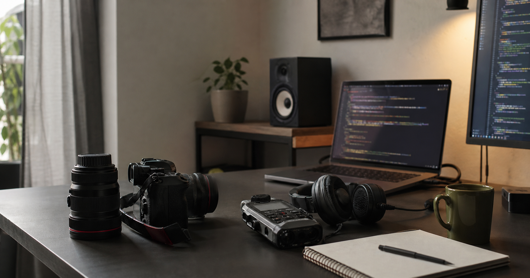 Mesa de trabajo con cámara, audio y desarrollo web